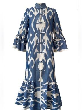 Blue and White Ikat Midi Dress - Unbranded